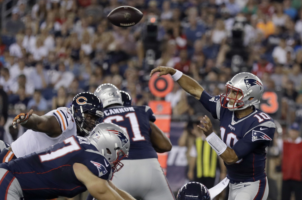 New England Patriots quarterback Jimmy Garoppolo (10) passes against the Chicago Bears during the first half of a preseason game last month in Foxborough, Massachusetts. Garoppolo will start in place of suspended starting quarterback Tom Brady.
