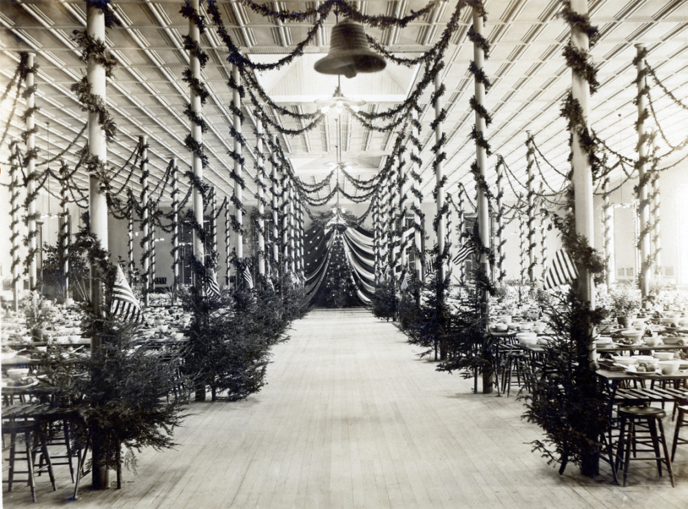 The mess hall decorated for Christmas in 1905.