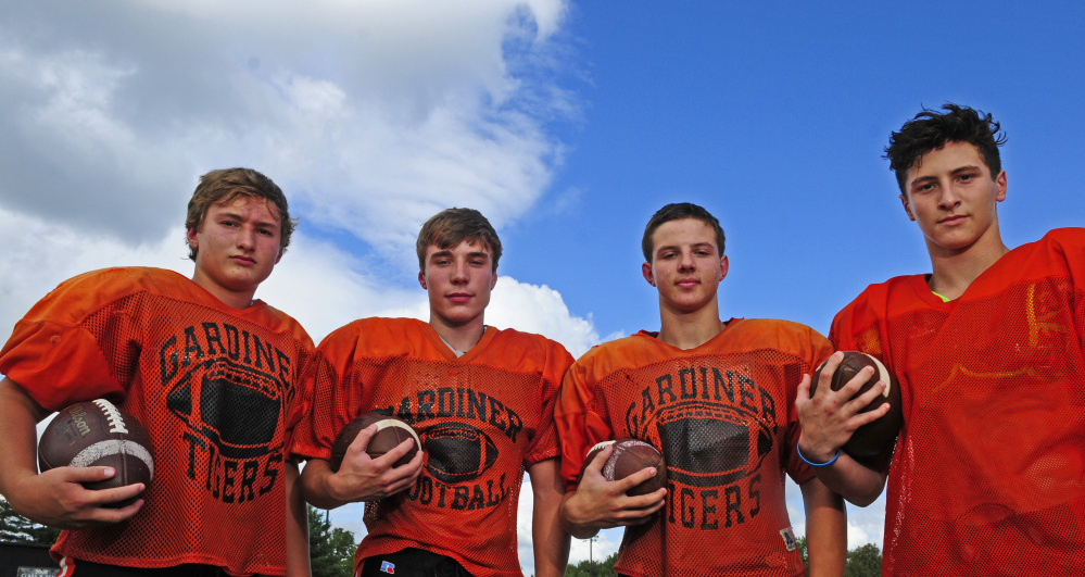 Gardiner's all sophomore backfield of Tanner Hebert, left, Nathan Malinowski, Cameron Michaud and Garrett Maheux have stepped into prominent roles for the Tigers this season.
