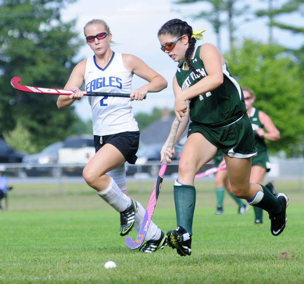 Erskine's Aly Kennedy, left, chases down Mount View junior Michelle Bilodeau during a game Thursday in South China.