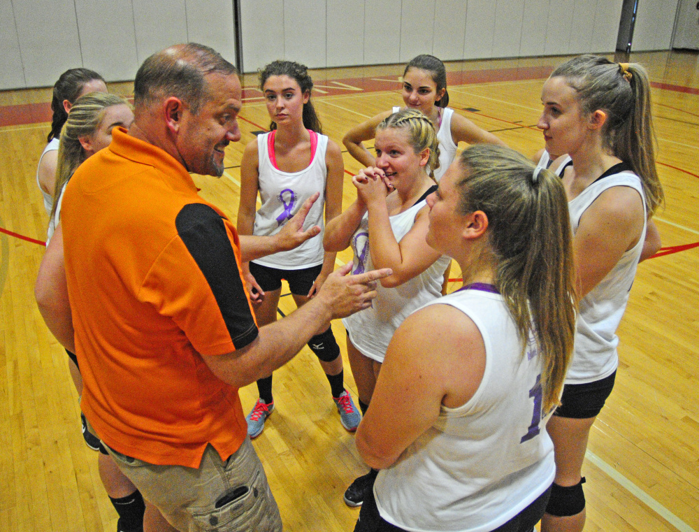 Gardiner coach Maitland Hallett talks to players during a scrimmage against Cony last month in Augusta.