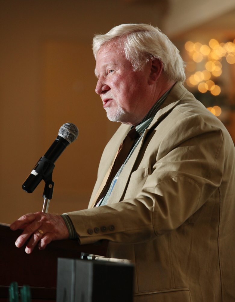 Former Portland Press Herald sports writer Steve Solloway, who will be inducted into the Maine Press Association Hall of Fame next month, speaks at the 27th Annual All-Sports Awards in Portland in this 2014 file photo.