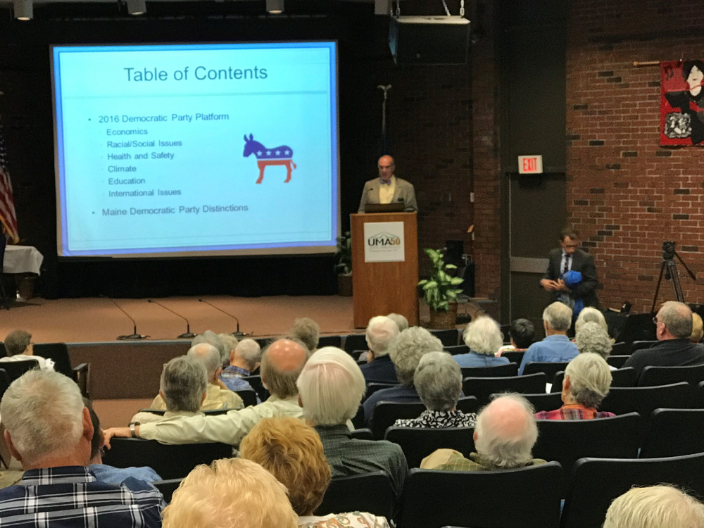 Colby College government professor Sandy Maisel talks about politics during Sunday's senior forum called "Elections 2016 — Significance for Maine's People."