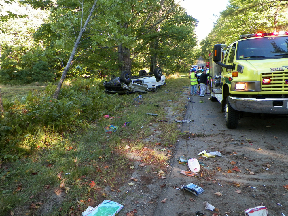 This photo from Maine State Police shows a fatal crash that happened on Tower Road in Vienna on Wednesday afternoon. Misty McKechnie, 36, was killed in the crash, and her 3-year-old daughter was injured, police say.
