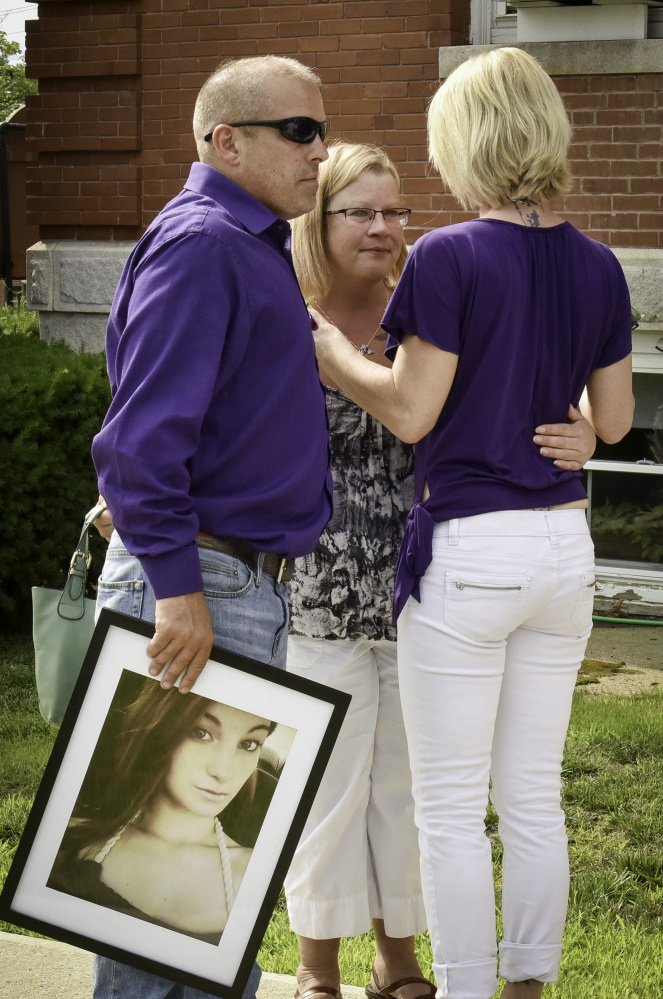 A friend embraces Taylor Gaboury's parents, Tena Trask and Ricky Gaboury, after the sentencing in July of Tommy Clark, who was driving the car that hit and killed Taylor on New Year's Day in Farmington.