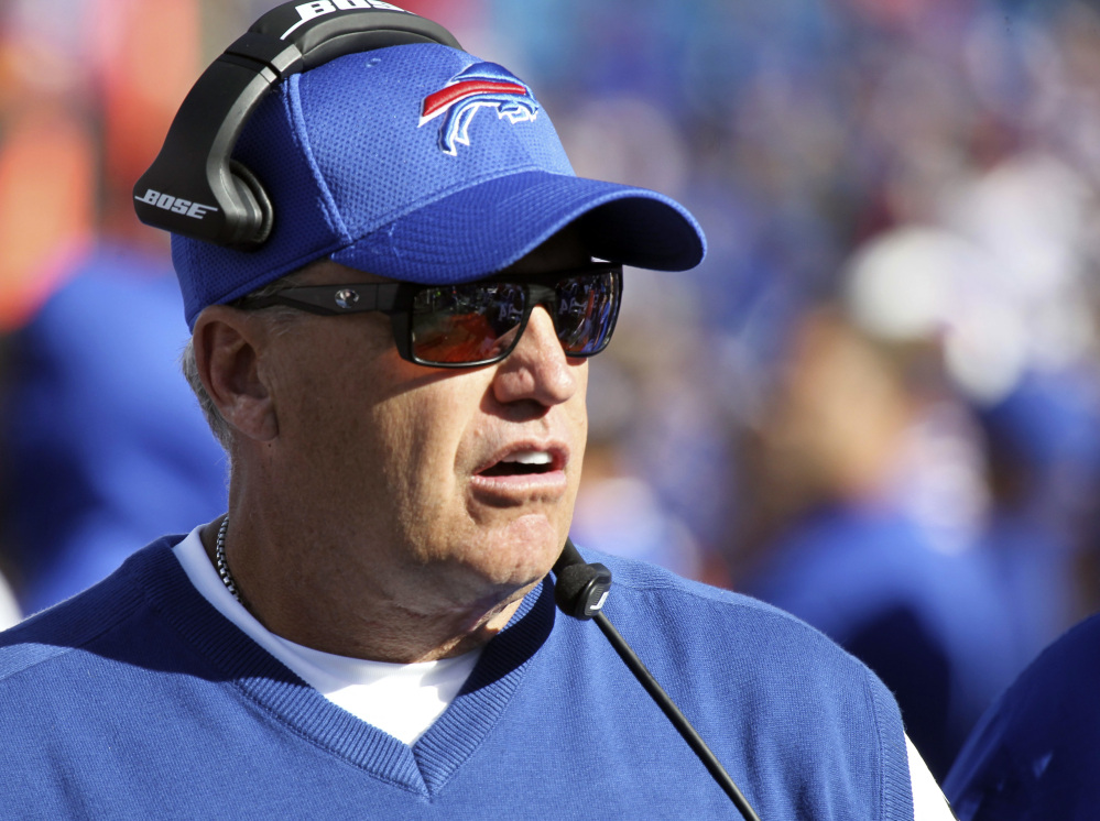 Buffalo Bills head coach Rex Ryan works on the sideline during the second half against the Arizona Cardinals last Sunday in Orchard Park, New York.