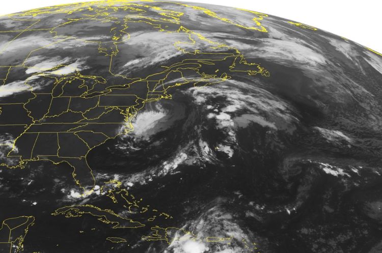 Post-Tropical Cyclone Hermine churns just south of Cape Cod  in this NOAA satellite image taken Tuesday at 12:45 a.m. Hermine has sustained winds of 65 mph and is moving to the west at 9 mph. Hermine is expected to move very little over the next couple of days and will slowly weaken. <em>NOAA/Weather Underground via AP</em>