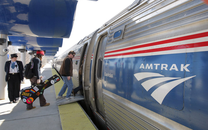 Passengers board the Amtrak Downeaster in Portland.