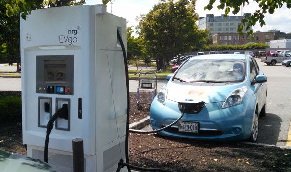 An electric car charging station at Hannaford supermarket in Portland.