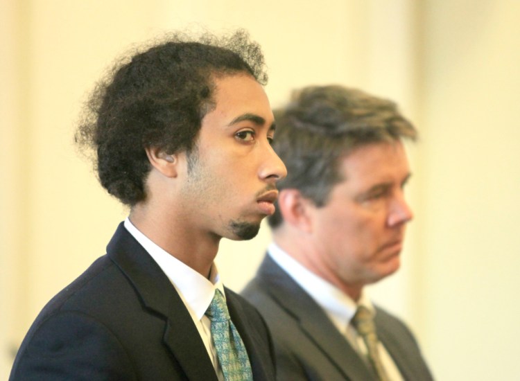 Timothy Ortiz of Brooklyn, N.Y., makes his initial appearance at York County Superior Court in Alfred on Monday, with attorney Jon Gale. Ortiz is charged with murder in the shooting death of Jonathan Methot in Biddeford.
