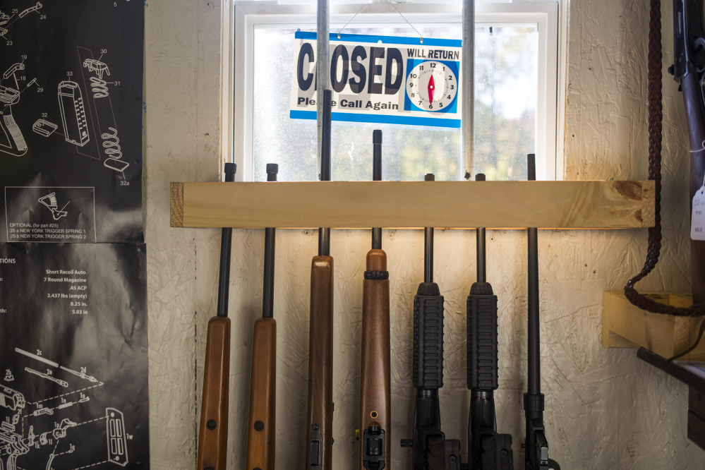 A gun rack at HF Firearms, a small, appointment-only gun shop owned by Tim Hendsbee.