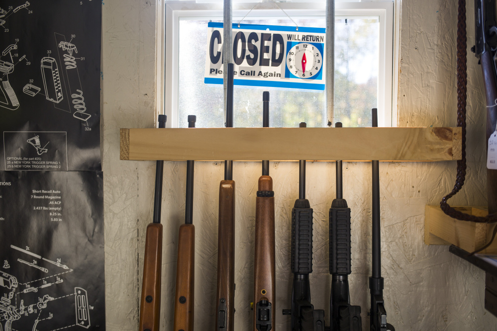 A gun rack at HF Firearms, a small, appointment-only gun shop owned by Tim Hendsbee.