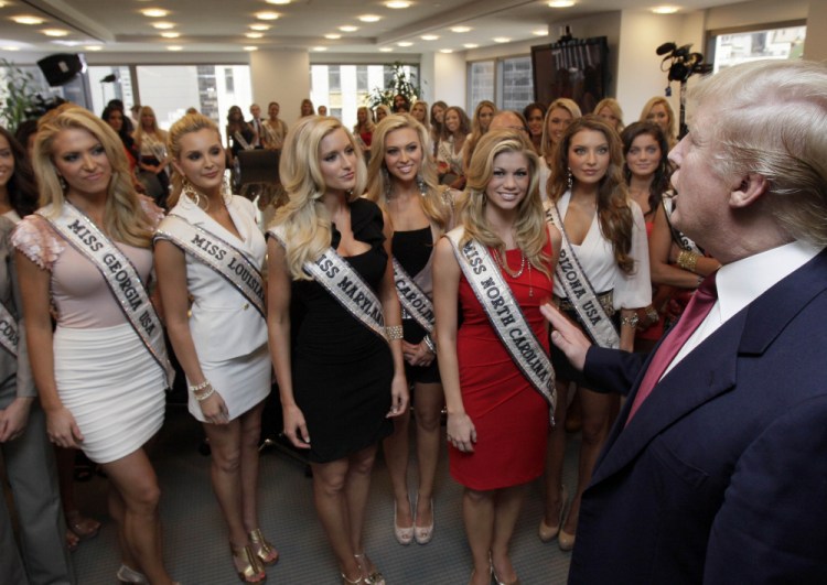 Donald Trump addresses Miss USA contestants in 2011. Several contestants from the pageants in 2001 and 1997 report that Trump walked into their dressing rooms while contestants were undressed and changing their outfits.