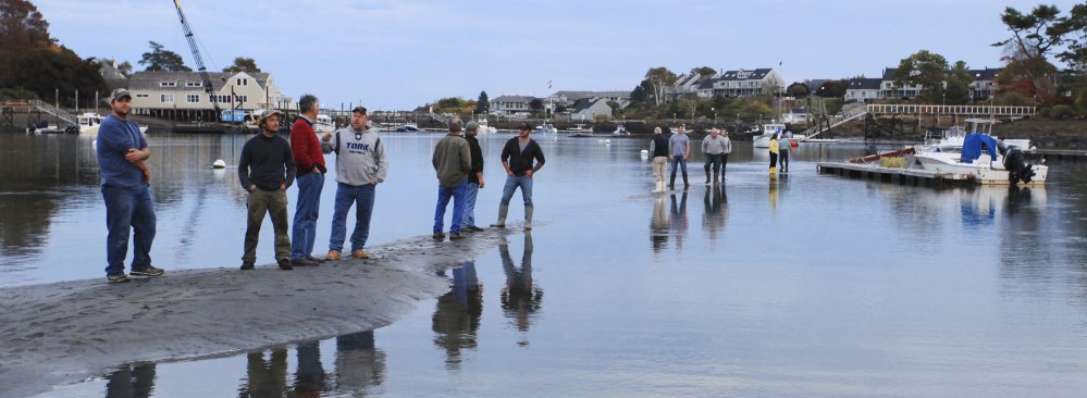 Standing on mounds of sediment in one of York Harbor's basins, people call attention to the need for federal funding to remove the buildup that threatens fishing and recreational boating.