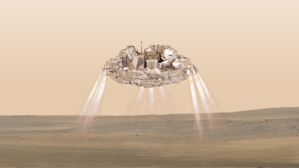 This artist impression  provided by the European Space Agency, ESA, shows the  Schiaparelli module with thrusters firing. On Wednesday Oct. 19, 2016  Schiaparelli will enter the martian atmosphere at an altitude of about 121 km and a speed of nearly 21 000 km/h. Less than six minutes later it will have landed on Mars. The probe will take images of Mars and conduct scientific measurements on the surface, but its main purpose is to test technology for a future European Mars rover.  Schiaparelli's mother ship ,TGO, will remain in orbit to analyze gases in the Martian atmosphere to help answer whether there is or was life on Mars. (ESA/ATG-medialab via AP)