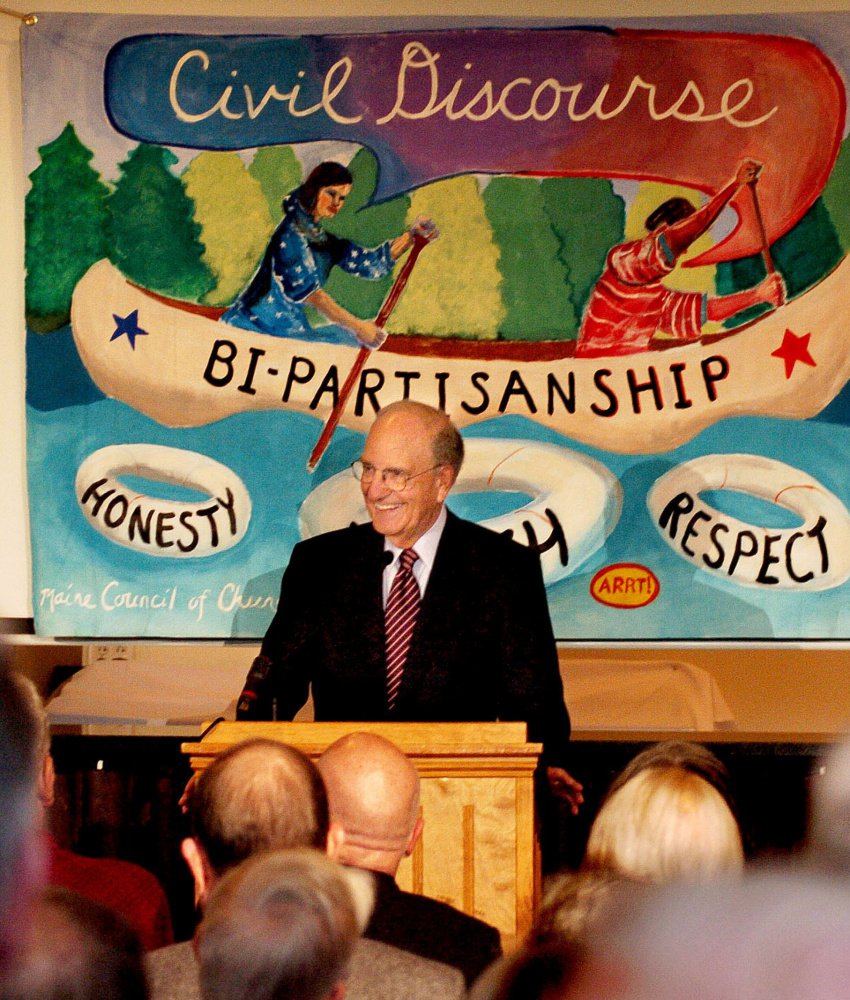 Former Senate Majority Leader George Mitchell speaks about political civility Thursday during a Maine Council of Churches event in Waterville.
