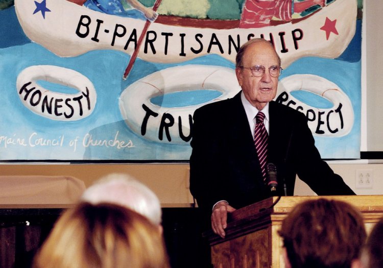 Former U.S. Sen. George Mitchell begins his talk about political civility Thursday during a Maine Council of Churches event in Waterville.