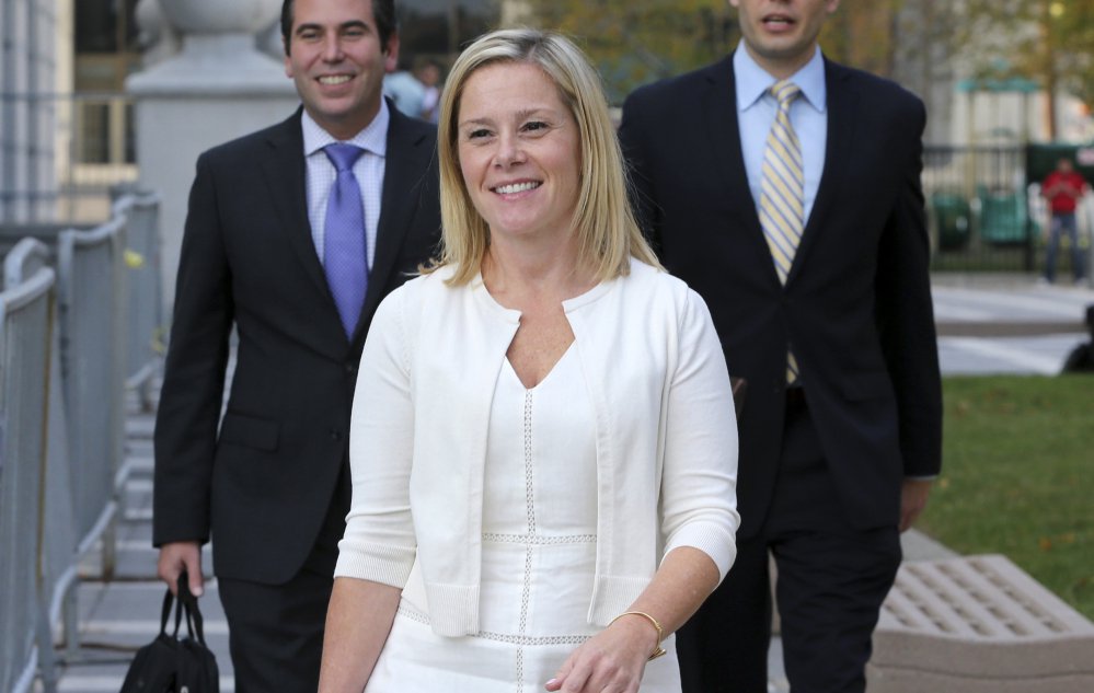 Bridget Anne Kelly, a former aide to Gov. Chris Christie, leaves a Newark, N.J., courthouse Thursday. Federal prosecutors say she sent the email that started the bridge-gate scandal.