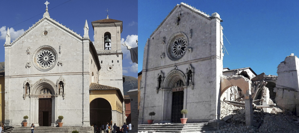 Side-by-side pictures show the 14th-century Basilica of St. Benedict, at left, with its bell tower in the background, in August, and the damage done Sunday, right, by a 6.6 magnitude earthquake that struck in Norcia, close to the epicenter.