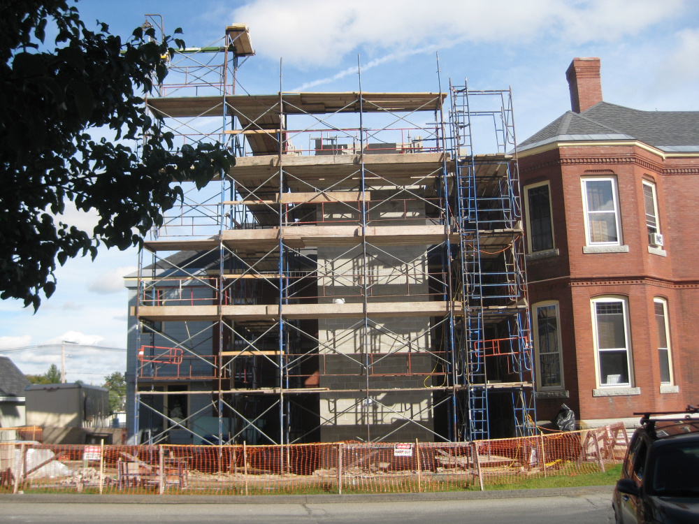 Skowhegan Free Public Library elevator tower is under construction. The library has announced a matching grant to go towards the completion of its elevator tower.