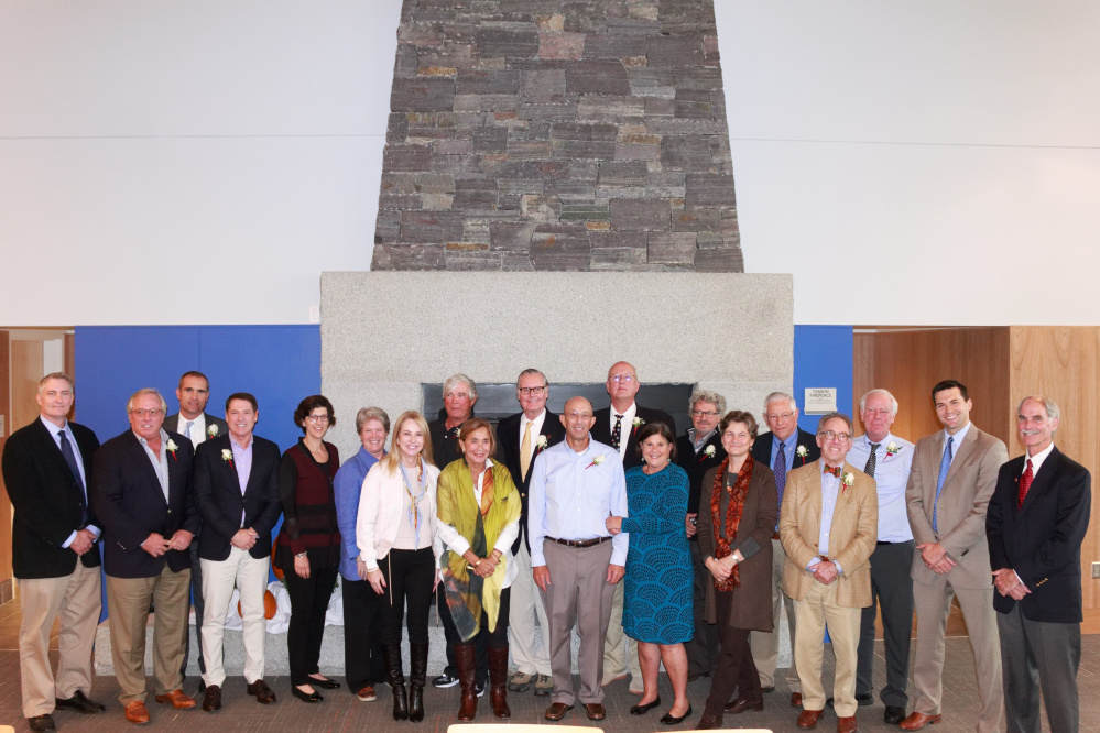 Benefactors and major donors of the $6.5 million Bibby and Harhold Dining Commons project, from left, are Andrew May, Paul Coulombe, Matthew Crane, Steven Madison, Karen Temkin, Patricia Hatler, Giselaine Coulombe, Skip Fucillo, Susan Alfond, Edward Lane, Ted Alfond, Peter Warren, Barbara Alfond, Guy Williams, Cindy McInerney, Gordon Fay, Stephen Blatt, George Dunn, Travis Cummings, Patrick McInerney.