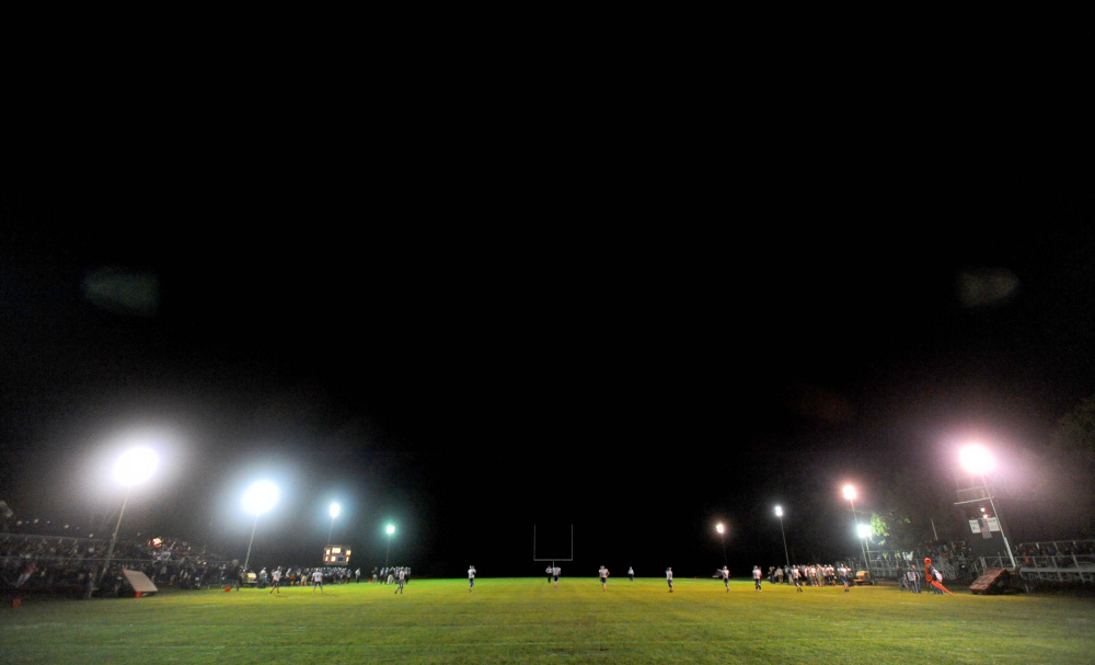 Lights illuminate Drummond Field at Waterville Senior High School on Sept. 26, 2015. The school brought in 12 portable light poles for a game against Oceanside. The Panthers will play under the lights this Friday night.