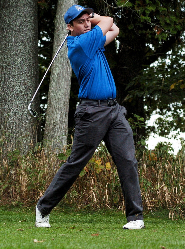 Jackson Fortin of Lawrence watches his ball after teeing off during the Kennebec Valley Athletic Conference qualifier match Tuesday at Natanis Golf Course in Vassalboro.
