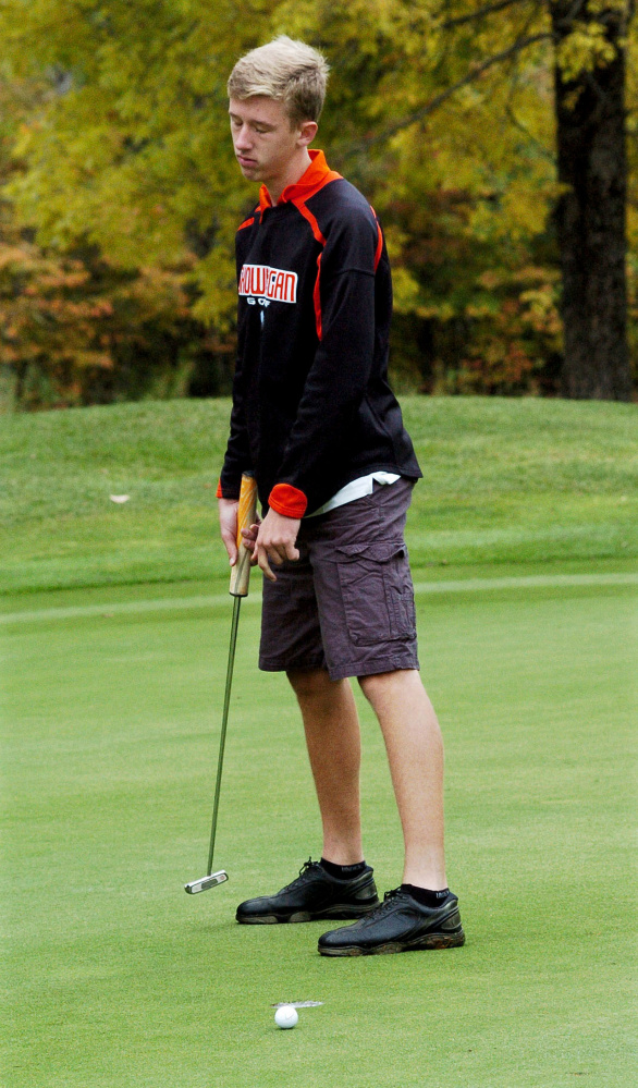 Kyle Jacques of Skowhegan looks less than thrilled as his ball narrowly misses the hole during the Kennebec Valley Athletic Conference qualifier Tuesday at Natanis Golf Course in Vassalboro.