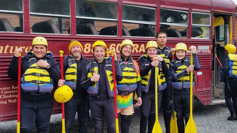 Scouts from Troop 547 in Temple get ready to head out on the rapids. From left are Zack Morrell and Mike Guerrette, both of Farmington; Xander Gurney, of Industry; Tracy Knapp, also of Farmington; Caleb Mulcahy, of New Sharon; Than Trauger, of Gardiner; and Russell Wheeler, also of New Sharon.