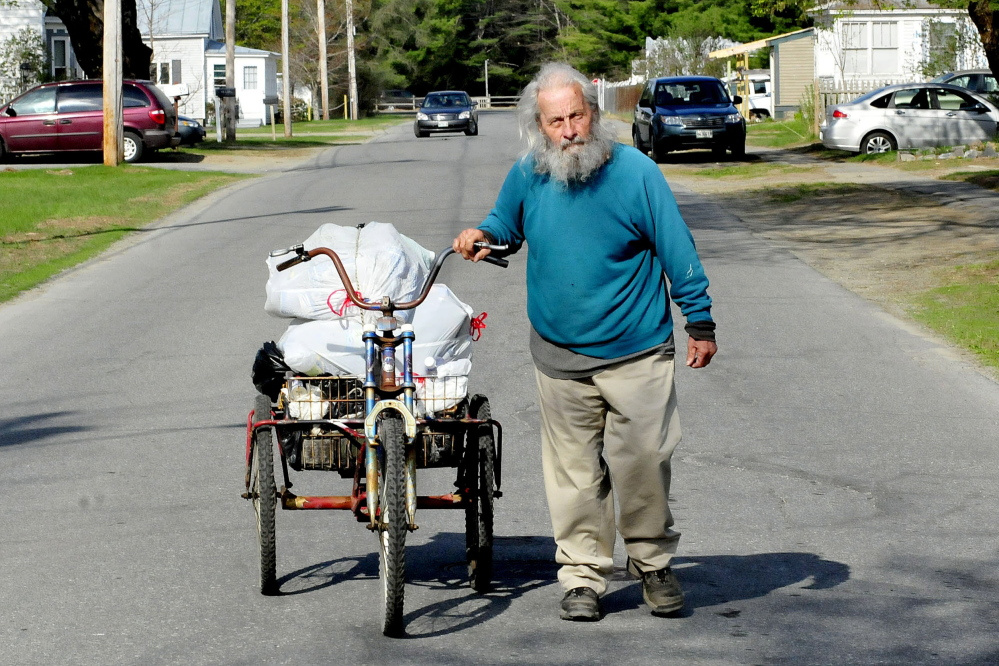 Neil Woodard, 70, of Skowhegan, known for collecting cans and bottles in town, was taken to a hospital Friday with a head wound after falling on Spring Street.
