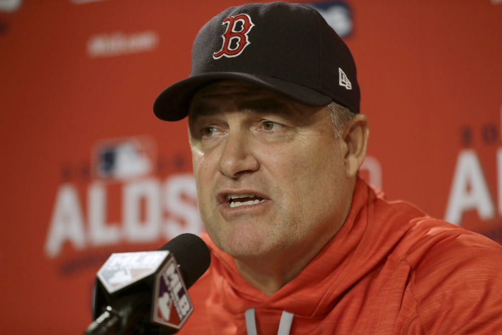 Boston Red Sox manager John Farrell speaks to the media at Fenway Park on Sunday. The Red Sox announced Farrell would return as Sox manager next season.