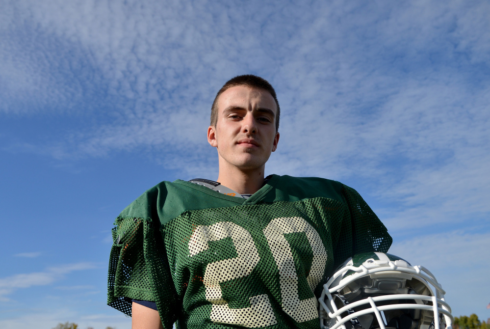 Mount View High School running back Colby Furrow poses at practice in Thorndike on Wednesday.