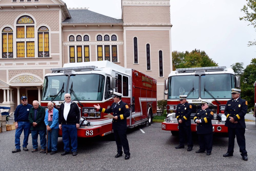 Monmouth Fire Department dedicated its entire fleet of four apparatus to two former and two current members of the Monmouth Fire Department on Oct. 2. All four dignitaries have a combined 209 years of service to the town of Monmouth. Standing in front of the two new engines that were recently placed into service this past summer, from left are Capt. Dan Niles (51 years), Capt. (ret.) Everett Palleschi (50 years), Chief (ret.) Paul Fox (56 years) and Chief (ret.) Laurence Folsom (52 years), Chief Dan Roy and Assistant Chiefs Ed Pollard, Pat Smith and Ken Palleschi.