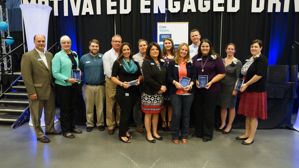 Camden National Bank's 2016 employee award winners appear with CEO Greg Dufour. From left are Dufour, MaryBeth Munroe, Brent Grace, Al Butler, Michelle Dunn, Ray Jean, Nancy Tracy, Kathleen Dodge, Libby Arrico, Josh Nash, Kate Bellmore, Suzanne Cifaldo and Megan Kennedy. Katie Rose and Andrew Eugley are missing from the photo.