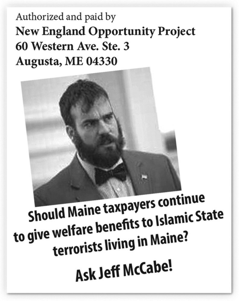 An image from a flier targeting Maine House Majority Leader Jeff McCabe that was mailed recently to voters in the 2nd Congressional District.