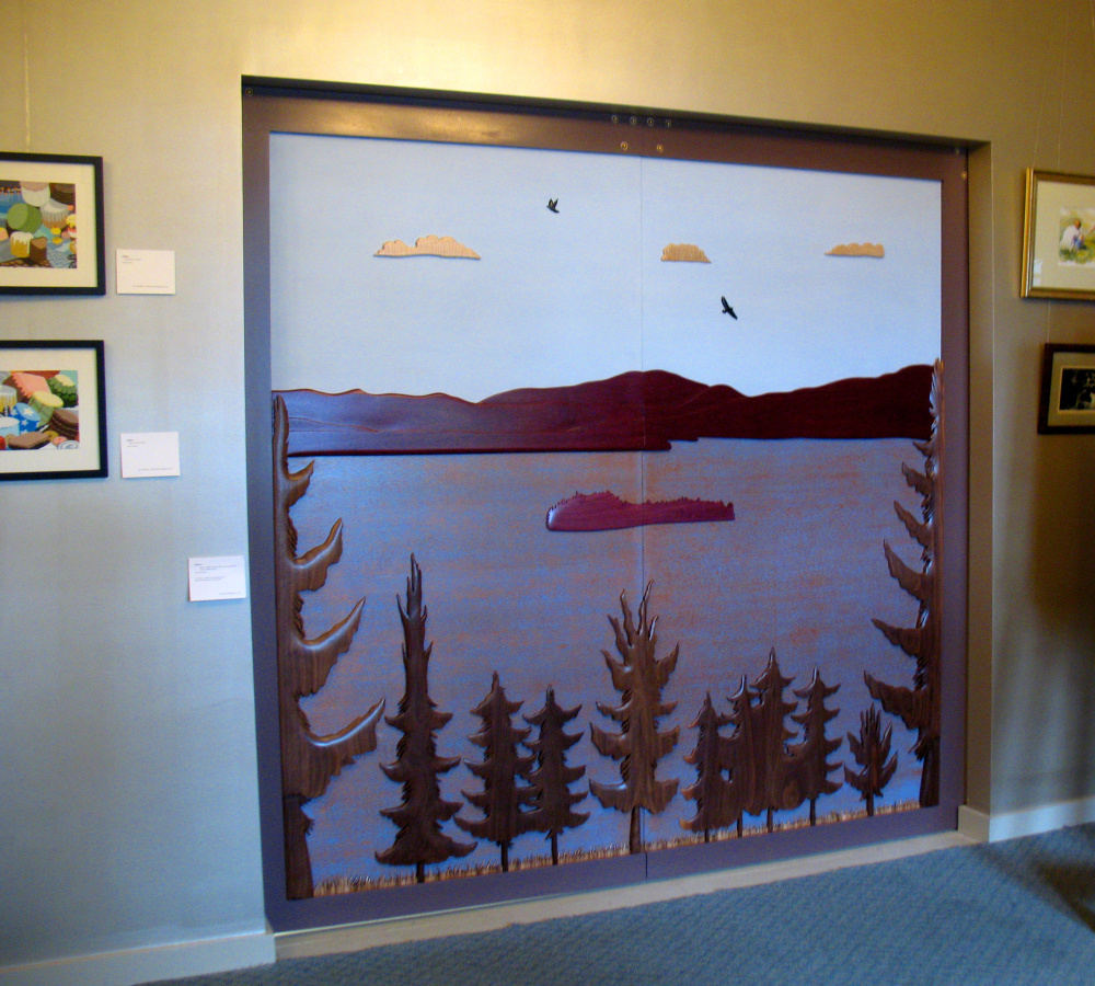 Artist Vincent Richel's finished doors adorn the New Lobby Gallery at the RFA Lakeside Theater, at 2493 Main St., in Rangeley.