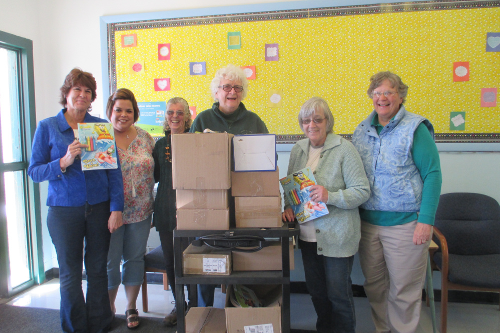 Members of the Franklin County Retired Educators delivered 10 boxes of school supplied on Oct. 14 to Spruce Mt. Elementary School in Jay. From left are Debra Timberlake, fourth-grade teacher; Carrie Mitchell, third-grade teacher; Craigen Healey, and retired educators Joanne Dunlap, Karen Mitchell and Arline Amos.