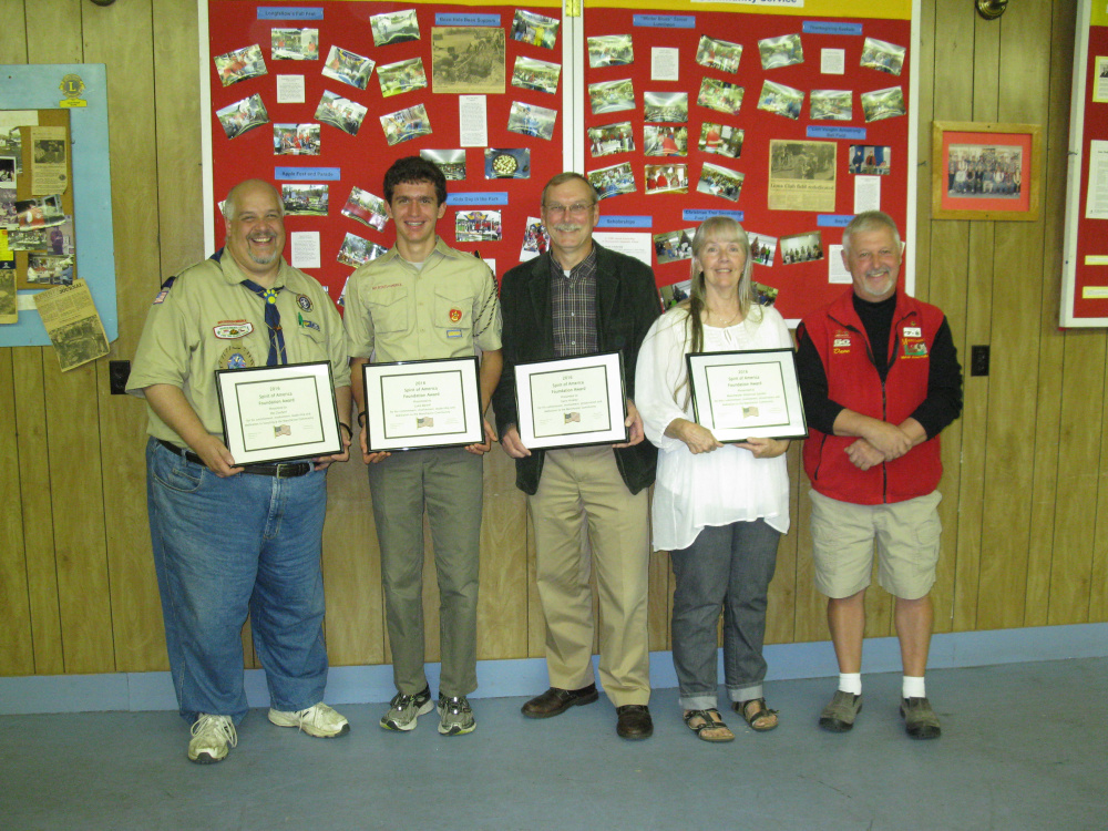 The 22nd annual Manchester  Spirit of America Foundation Awards were presented at the Manchester Lions Club Meeting Oct. 13. From left are Pat Couture, adult 2016 Spirit of America Foundation recipient; Luke Bartol, youth 2016 Spirit of America Foundation recipient; Garry Hinkley, adult 2016 Spirit of America Foundation recipient; Carolyn Van Horn, president, Manchester Historical Society, new project 2016 Spirit of America Foundation recipient; and Dave Worthing, emcee and vice president Spirit of America Foundation.