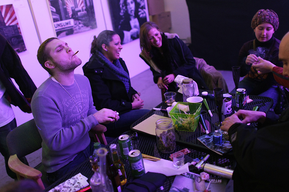 Club 64, a marijuana social club in Denver, celebrates its opening on New Year's Eve 2012. Maine communities are scrambling to enact moratoriums to buy time to consider if they will put restrictions on such clubs if voters approve Question 1 on Nov. 8.
Associated Press/Brennan Linsley