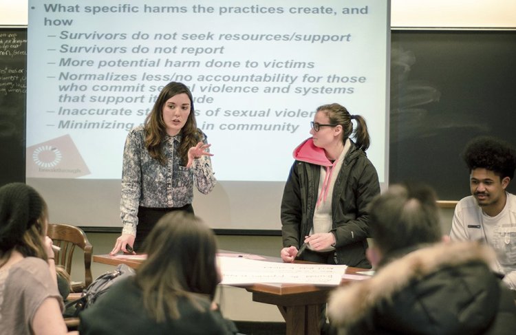 Columbia University graduate student Savannah Badalich leads a Breakthrough Campus Catalyst Training with student activists at Syracuse University in Syracuse, N.Y., for Sexual Assault Awareness Month. <em>Jacob Greenfield/Breakthrough via AP</em>