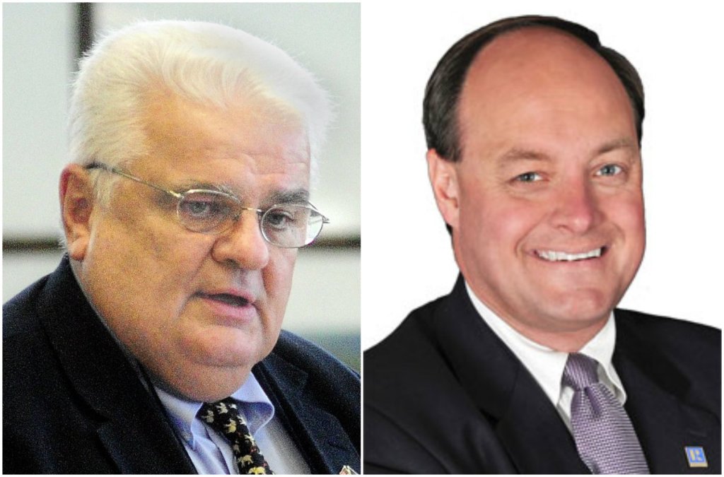 Maine Sens. Ronald Collins of Wells, left, and Andre Cushing of Newport have been accused of requesting expense reimbursement from the Senate office for things they had previously paid for with funds from their re-election campaigns or political action committees.
