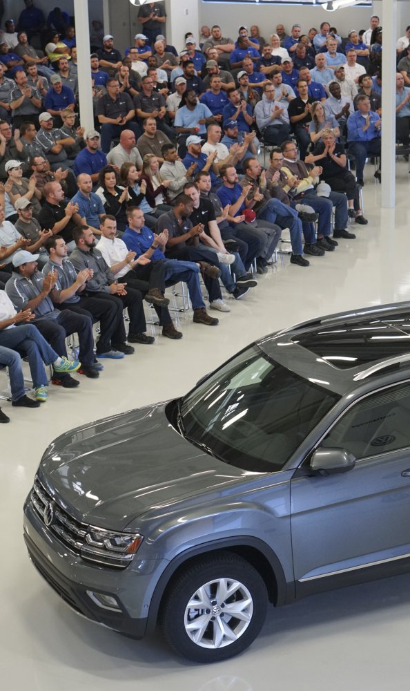 The new Volkswagen Atlas is unveiled to employees at Volkswagen Chattanooga during an all-team meeting, on Tuesday in Chattanooga, Tenn. Volkswagen sales fell 18.5 percent last month.