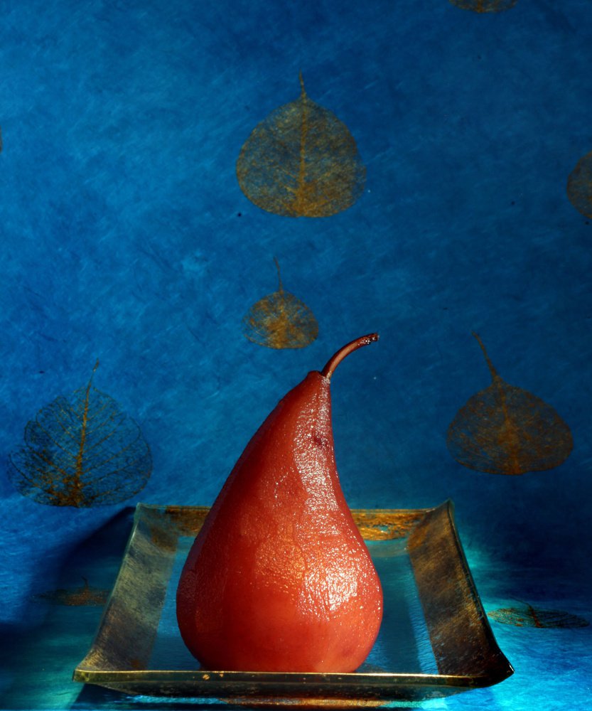 Port wine-poached pear.