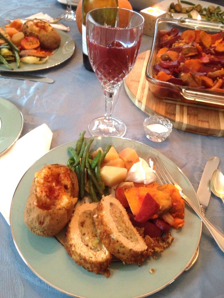 At last year's Thanksgiving, Betsy Harding of South Portland served a vegan roast, twice-baked potatoes, green beans, roasted vegetables and stuffing.