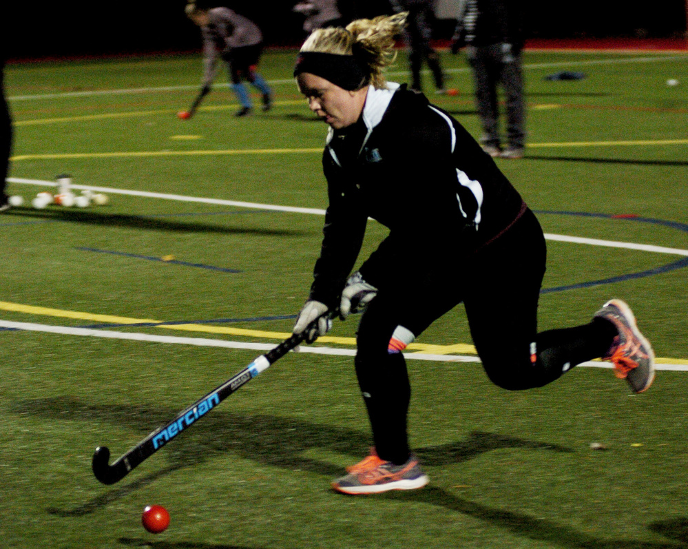University of Maine at Farmington field hockey player Nickyia Lovely, a Gardiner graduate, practices Monday at Thomas College in Waterville. The Beavers will play the University of New England in the NCAA Division III on Wednesday.