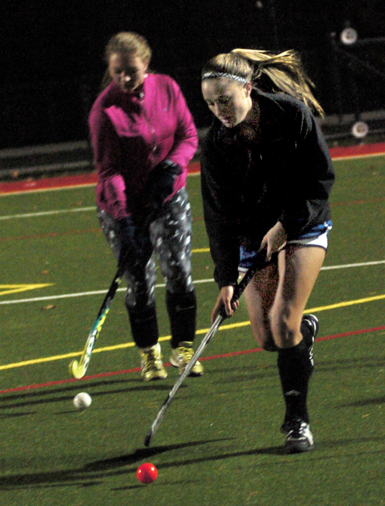 University of Maine at Farmington field hockey player Emma Spahr, a Winthrop graduate, practices Monday at Thomas College in Waterville.