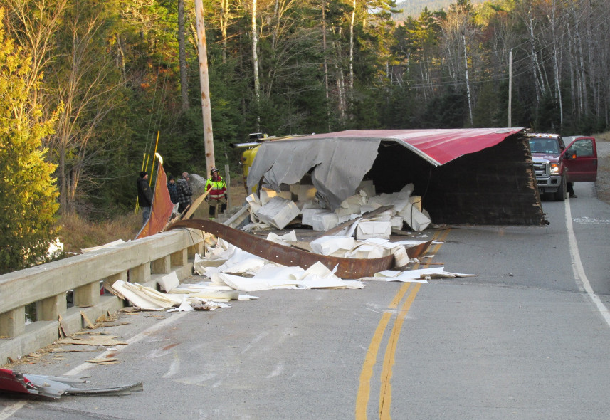 This tractor-trailer truck carrying paper rolled over Thursday morning in Coburn Gore.
