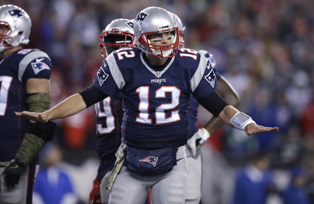 New England quarterback Tom Brady gestures during a game against the Seahawks last Sunday in Foxborough, Massachusetts.