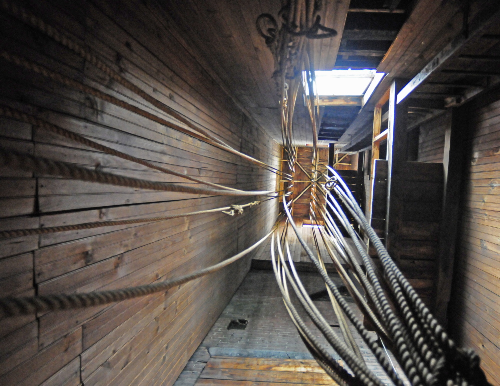 Ropes hanging in the old hose drying tower are seen in this photo taken in 2014 in the Hallowell fire house.