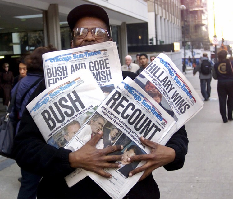 Different headlines, in Chicago on Nov. 8, 2000, reflecting a night of suspense, drama and changes.
